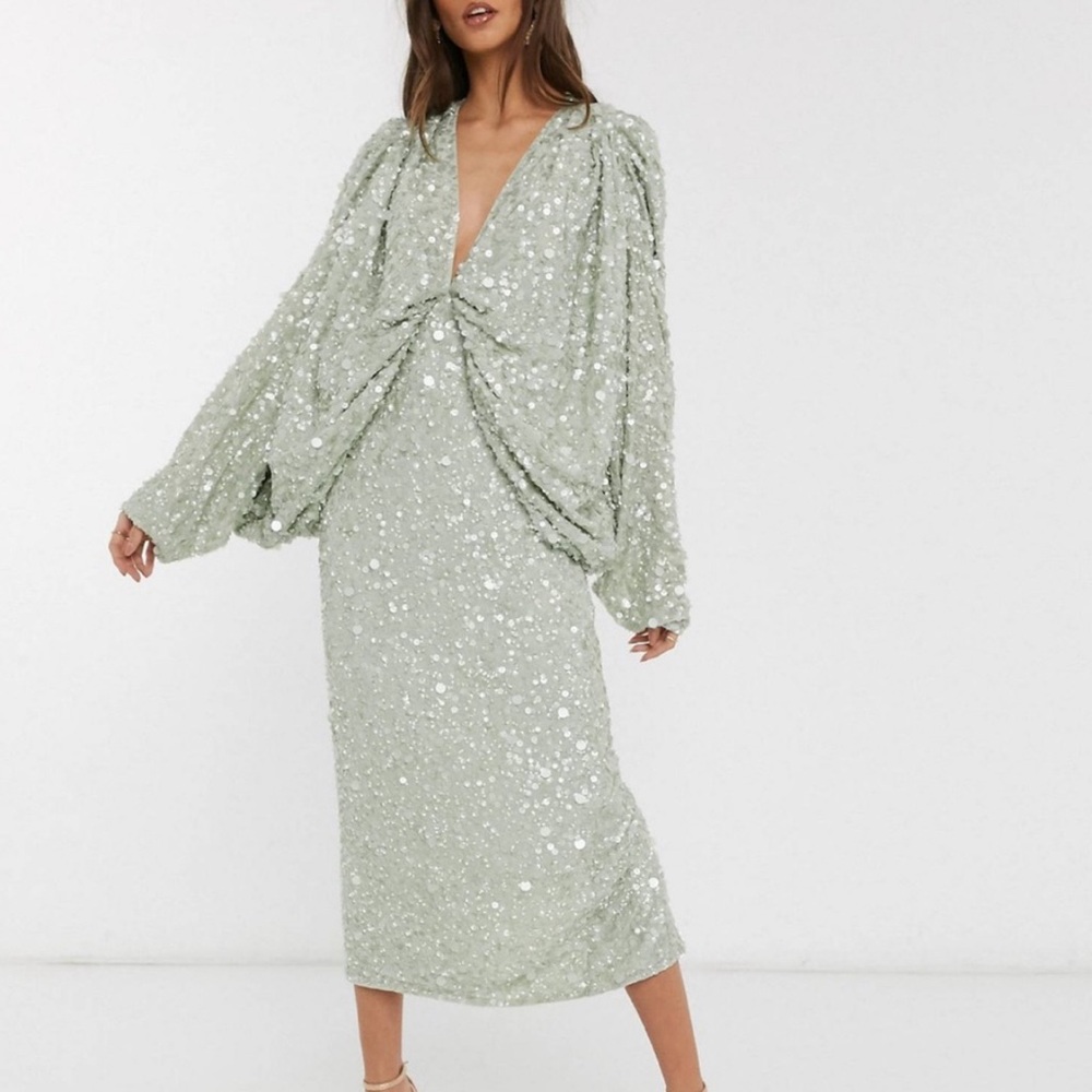 ASOS EDITION Kimono Sleeve Drape Back Sequin Midi Dress Mint Green NWT Sz 8